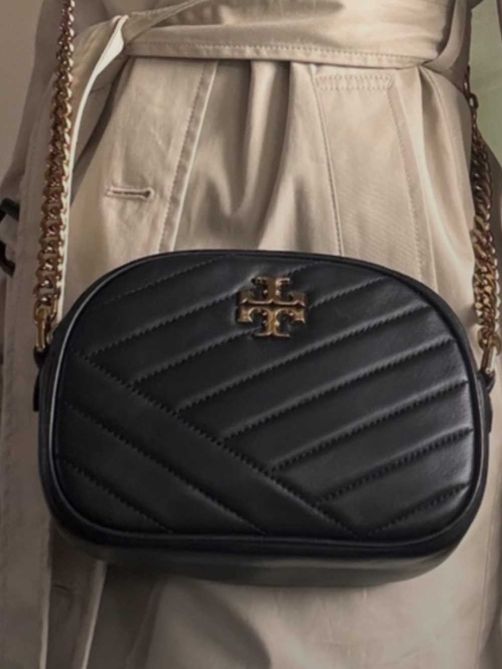 Tory Burch Kira Chevron Camera Bag | Black Leather Crossbody | Gold Hardware